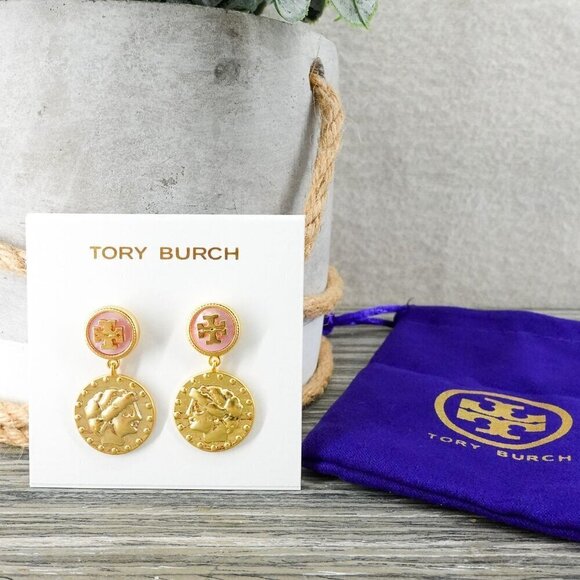 Tory Burch Mother of Pearl Logo Coin Medallion Drop Earrings Pink/Tory Gold OS - Picture 12 of 12